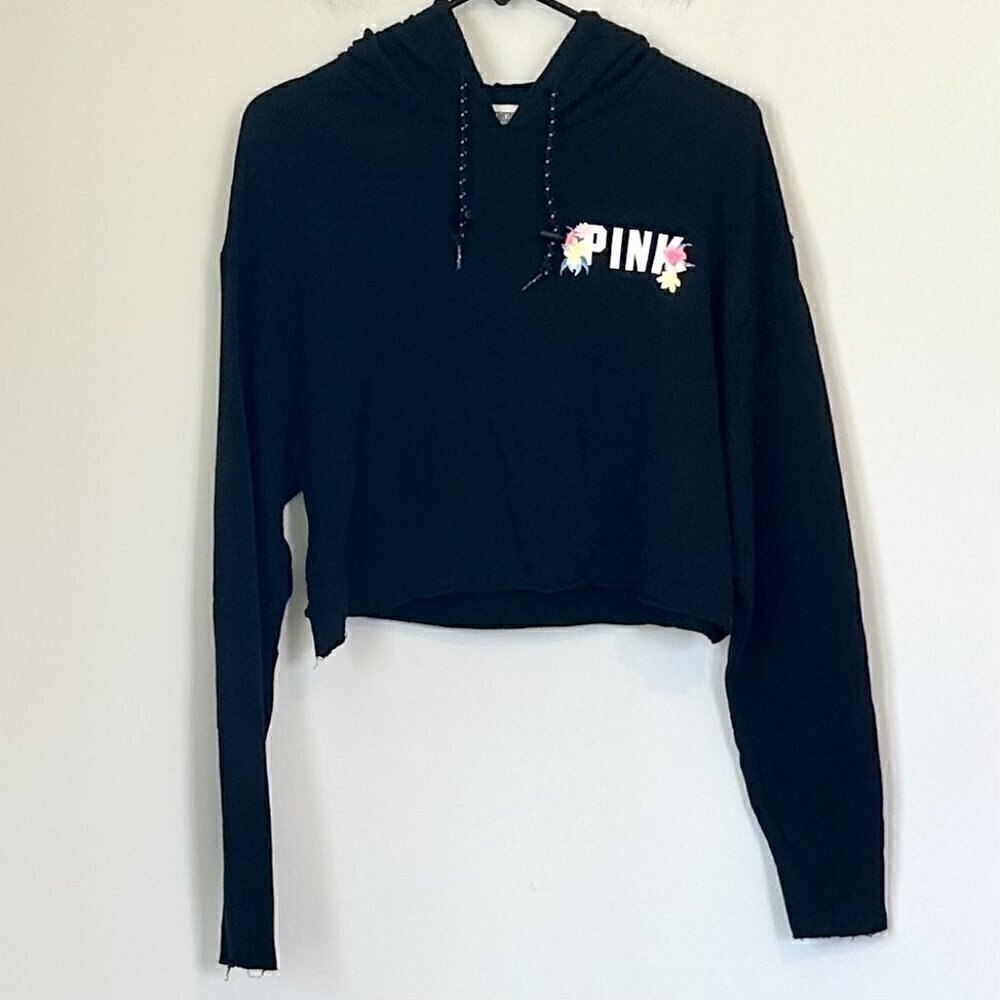 Victoria's Secret PINK Black Cropped Hoodie Open Back Logo with Flowers - Medium